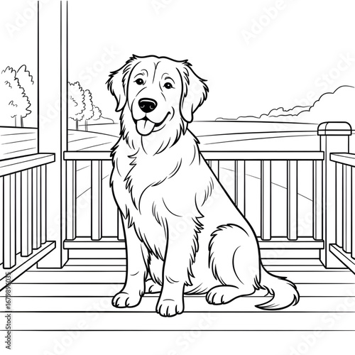 "Golden Retriever Sitting Calmly on Porch – Loyal Dog Illustration"