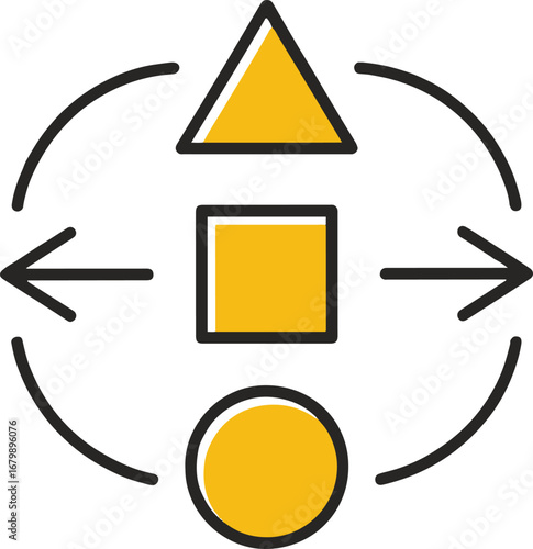 Illustration of geometric shapes and arrows forming a cycle, representing a process, flow, or transformation