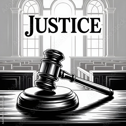 "Justice Concept – Gavel with Word ‘Justice’ in Courtroom Illustration"