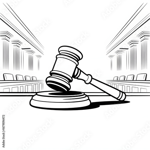 Justice and Law – Wooden Gavel in Front of Courthouse Columns Illustration"