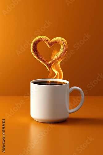 Golden Heart Shaped Steam Rising From White Coffee Mug On Orange Background