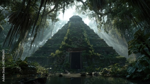 Fototapeta Naklejka Na Ścianę i Meble -  Ancient jungle pyramid lost in rainforest — mysterious Mayan or Aztec temple surrounded by tropical vegetation and sacred light rays piercing the mist