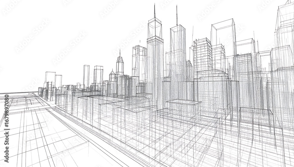 Fototapeta premium Architectural blueprint of a modern city skyline, showcasing the intricate framework of buildings.