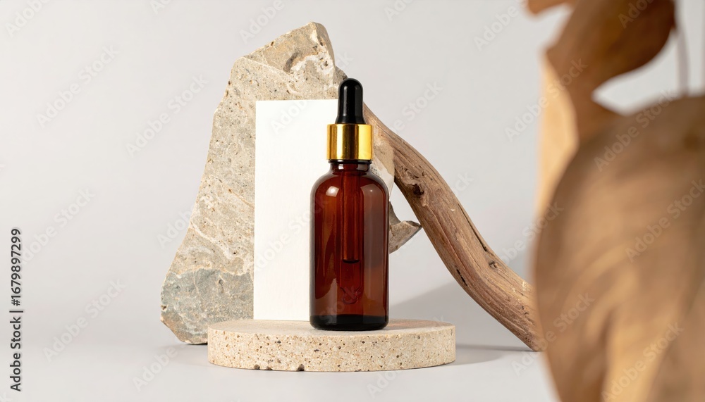 Naklejka premium Amber Dropper Serum Bottle on Travertine Slab