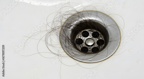 Hair loss concept shown by a clump of fallen hair clogging a wet shower drain.