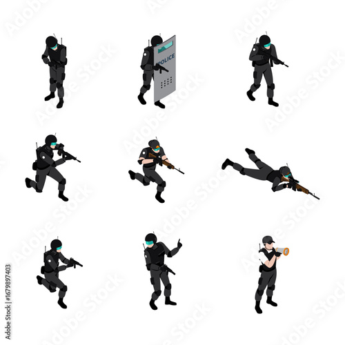 Set isometric illustrations of riot police officers in tactical gear demonstrating action