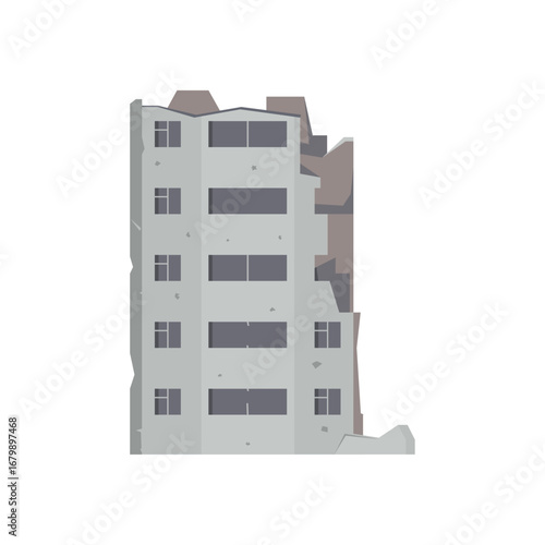Vector illustration of a destroyed multi-story residential building in a state of ruin