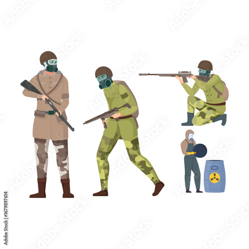 Set various armed forces and chemical protection specialists ready for defense and hazardous material situations