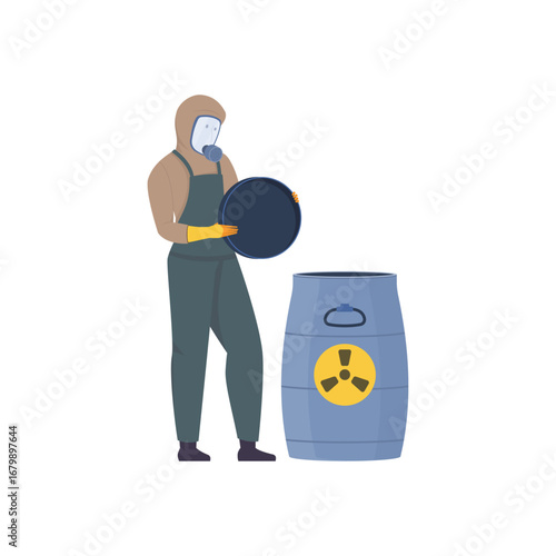 Worker in Hazmat Suit Handling Hazardous Waste Barrel with Caution