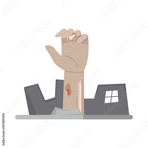 Hand emerging from grave with decay and wound, representing death and horror