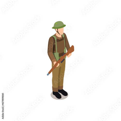 World War soldier standing with rifle and helmet in a flat isometric illustration