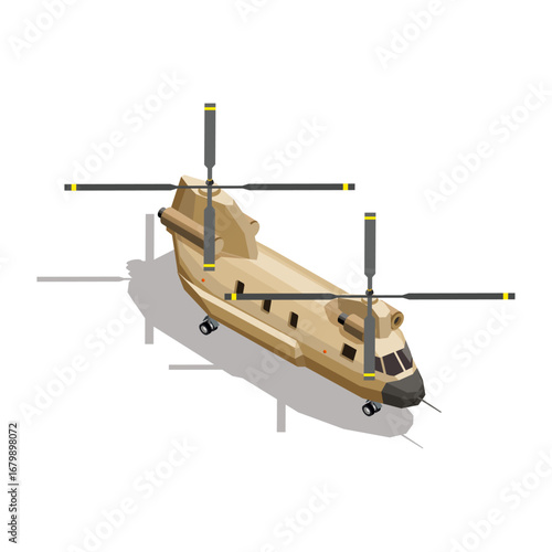 Isometric illustration of a military tandem rotor heavy-lift transport helicopter on a white background
