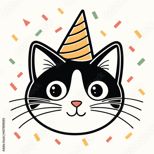 Black and white cat face wearing party hat with confetti feline animal
