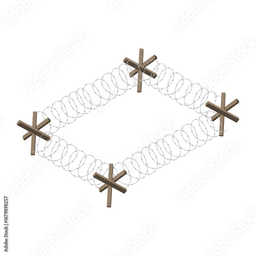 Defensive Perimeter Barbed Wire Enclosure Against Intruders with Czech Hedgehogs