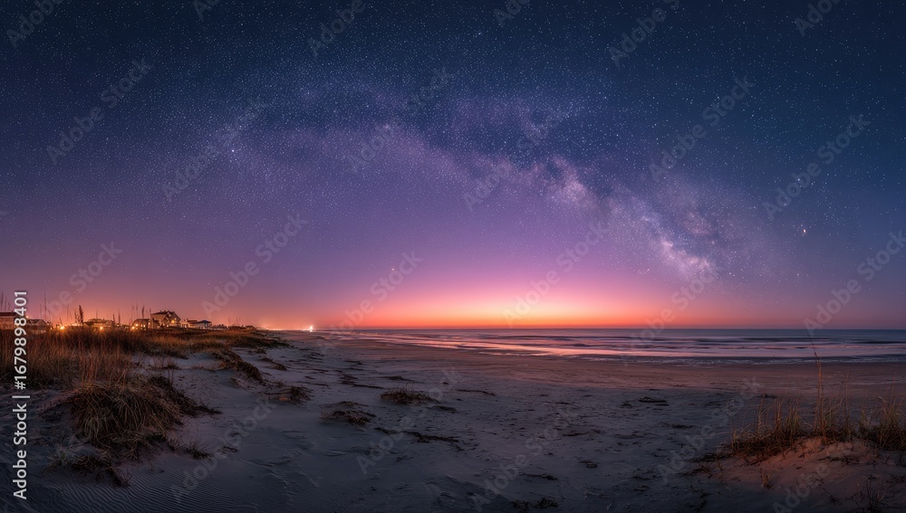 Fototapeta premium Panoramic beach scene at dawn, Milky Way prominent