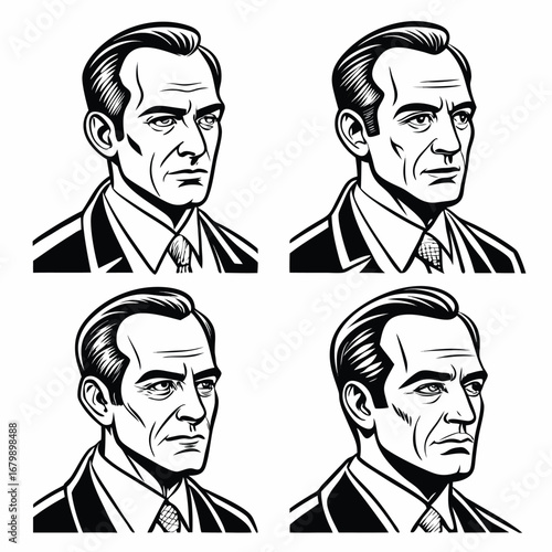 Four black and white portraits of a man in a suit vector