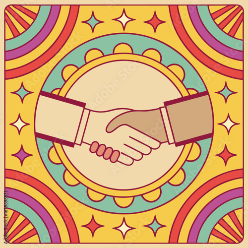 Retro handshake with colorful shapes and stars agreement partnership
