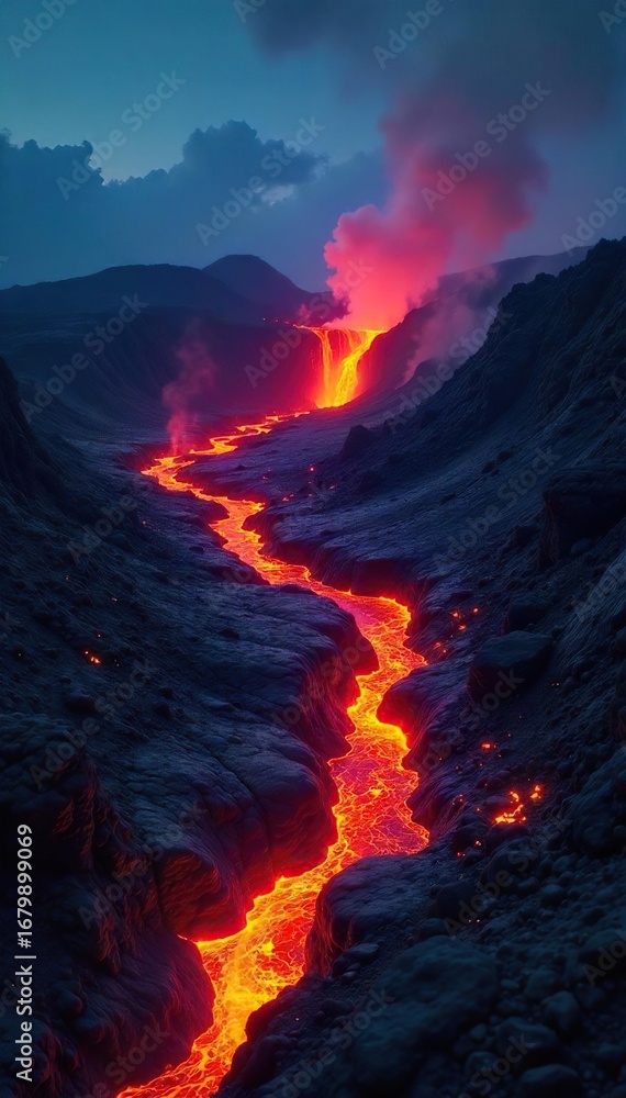 Fototapeta premium Lava flows from a volcanic vent in Hawaii, creating a dramatic landscape of fire and rock The molten rock glows intensely against the dark night sky , volcanic activity, creation