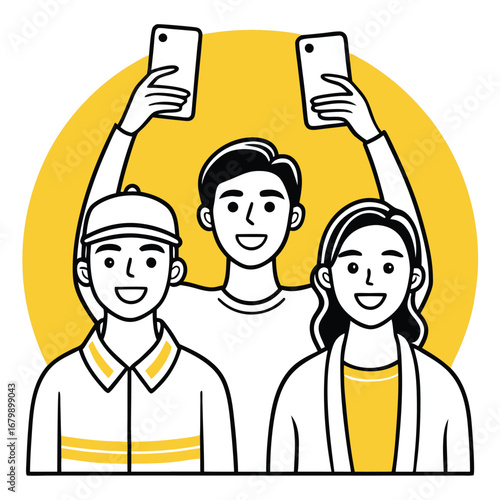 Three friends taking selfies together with phones people technology