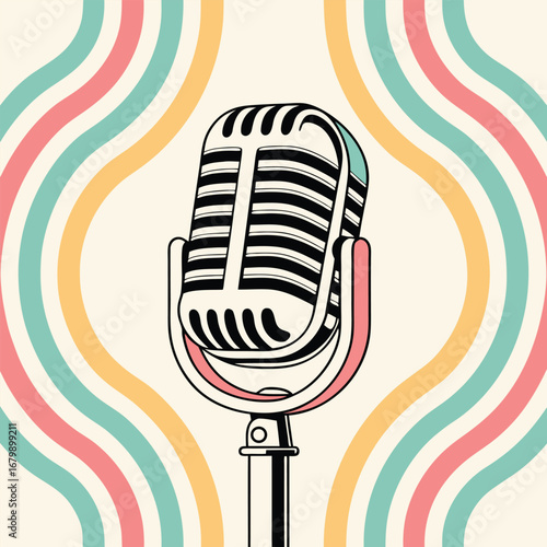 Vintage microphone with pastel sound waves retro microphone audio equipment