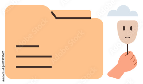 Folder beside a hand holding a smiling mask under a cloud, representing data privacy, identity, security, anonymity, transparency, hidden motives, and online safety. Ideal for tech data