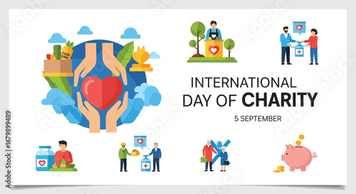 International day of charity vector graphic with various charitable acts illustrated clearly and simply