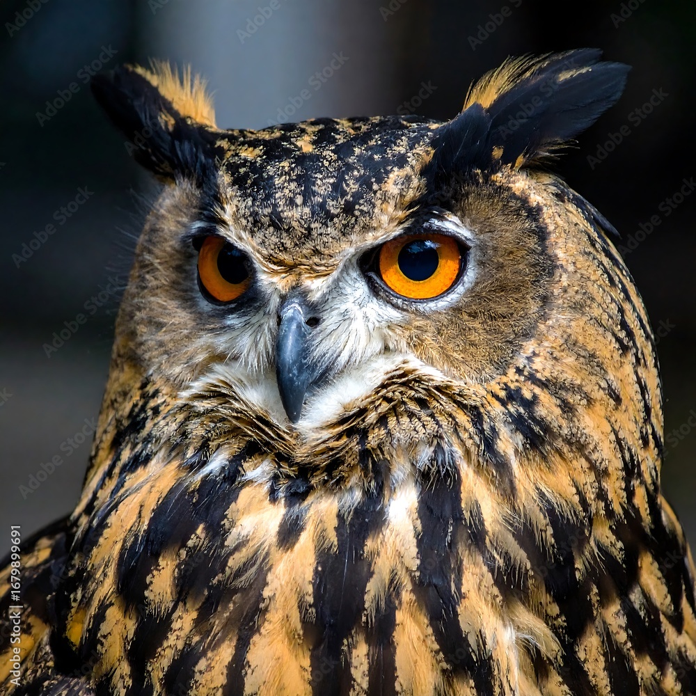 Fototapeta premium Close up of a majestic Eurasian Eagle Owl with striking orange eyes.