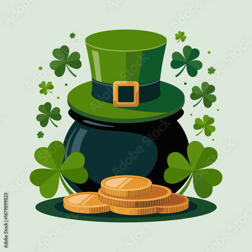 St patricks day pot of gold with leprechaun hat and shamrocks