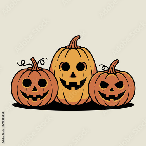 Three happy jack o lantern pumpkins for halloween celebration