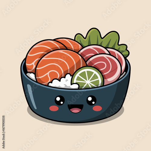 Adorable kawaii sushi bowl with salmon tuna and lime