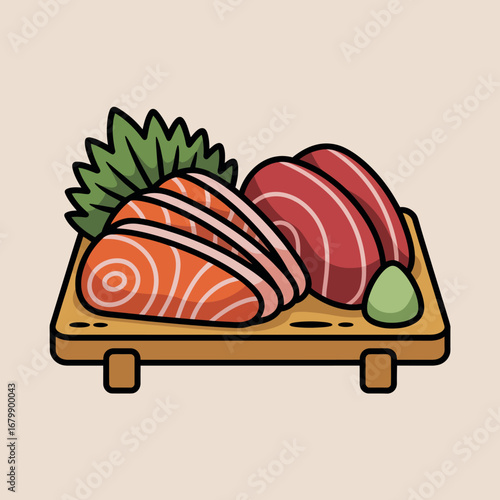 Delicious salmon and tuna sashimi platter with wasabi and garnish