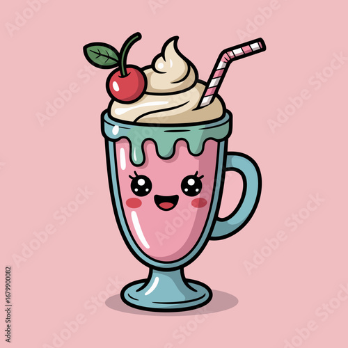 Cute kawaii strawberry milkshake with cherry and whipped cream