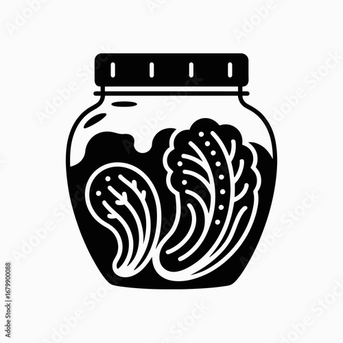 Black and white illustration of pickled vegetables in a glass jar
