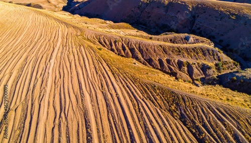 Fototapeta Naklejka Na Ścianę i Meble -  Aerial View of Beige Sand Dunes with Corduroy Ridges