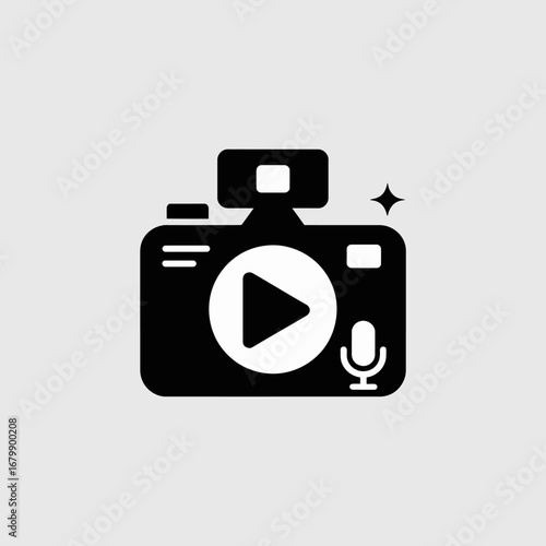 Digital camera icon with play button and microphone for video recording