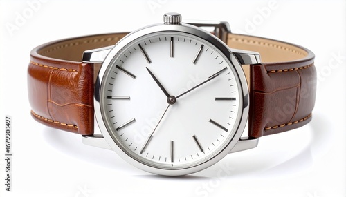 Wallpaper Mural A classic wristwatch with a brown crocodile-patterned leather strap and a silver case, featuring a minimalist white dial with black hour markers Torontodigital.ca