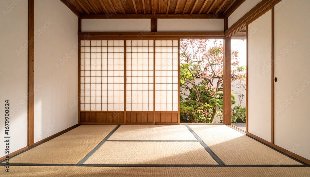 Fototapeta premium Tranquil Japanese Room with Shoji Screens and Tatami Mats