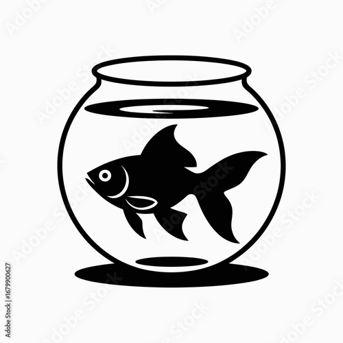 Simple black silhouette of a goldfish swimming in a round fishbowl