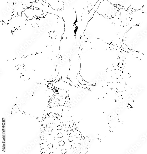 Classic sci-fi villain lurking near an ancient tree offers a dramatic contrast for creative projects