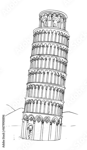 Iconic Leaning Tower of Pisa sketch, instantly recognizable Italian landmark, travel destination illustration
