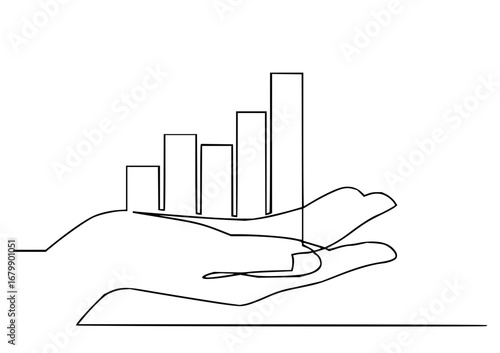 Hand holding increasing graph shows growth and success in business one line drawing style