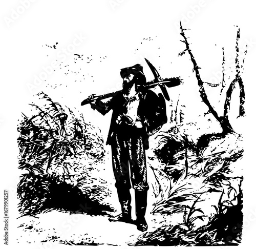 Vintage style prospector, a hardworking man searching for gold in the wilderness, historic illustration