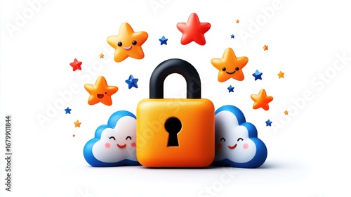 Smiling Clouds And Stars Guarding An Orange Lock On White Backgrounds Illustration Of Security And Protection In