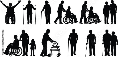 Elderly people silhouettes, disability support icons, wheelchair users, senior citizens with canes, mobility assistance, caregiver helping, walker aid, family care, inclusive design