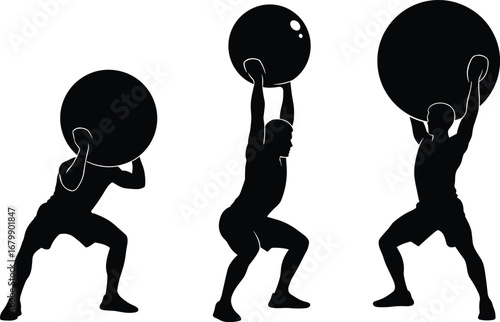 Silhouette person exercising with medicine ball, squat to overhead press, fitness training, strength workout, black vector art, gym exercise illustration, health and wellness