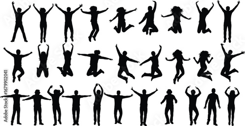 Jumping and standing human silhouettes, dynamic poses, expressive body movement, black vector set, gesture reference, posture design, isolated figure, sport and dance illustration