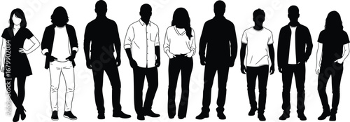 Silhouettes of diverse people, male and female figures, standing side by side, various postures, clothing styles, fashion outline, demographic diversity, vector illustration