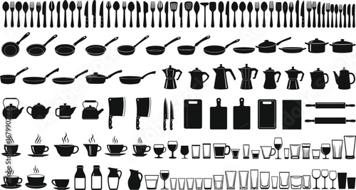 Kitchen silhouette set, vector illustration of utensils, cookware, drinkware, cutlery, pots, pans, kettles, cups, bottles, glasses, cooking and dining tools