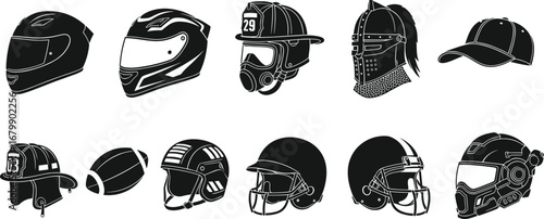 Collection of twelve helmet silhouettes, motorcycle, racing, firefighter, knight, baseball cap, football, sports, tactical, futuristic designs, protective headgear vector illustration
