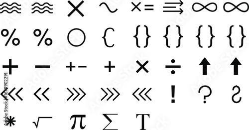Mathematical symbols, logic signs, punctuation marks, arrows, operators, infinity, percentage, brackets, plus minus, division, square root, pi, summation, vector illustration
